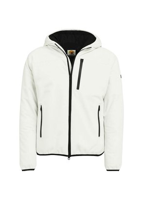 Giacca con cappuccio bianca con dettagli neri, dotata di cerniera frontale, due tasche laterali con zip e una tasca sul petto. Texture liscia, design leggero.