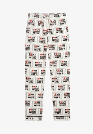 Pantaloni del pigiama bianchi con testo nero ripetuto "Amo la mia fantastica moglie" e icone a forma di cuore rosse, con coulisse bianca in vita.