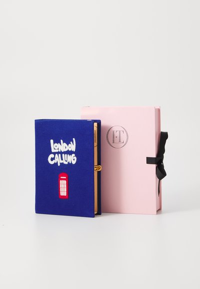 Blue fabric notebook with "London Calling" text and a red telephone booth graphic, paired with a pink box featuring a black ribbon closure.