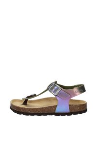 Multikleuren sandaal met een kurken voetbed, verstelbare metalen gesp en een T-band ontwerp. De bovenkant heeft een iriserende textuur.