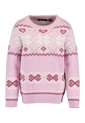 Jersey de punto rosa claro con patrones nórdicos en blanco y rosa oscuro, incluyendo corazones, diamantes y formas geométricas, cuello redondo y mangas largas.