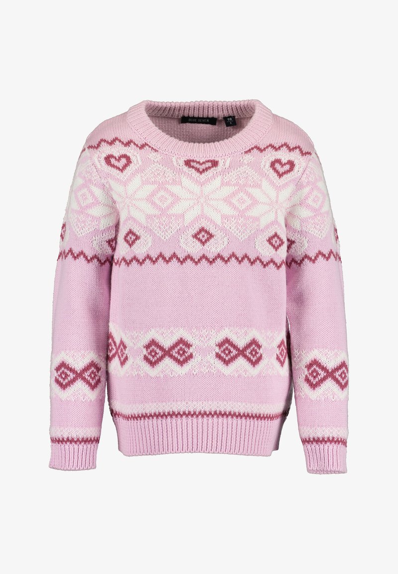 Pull en maille rose clair avec motifs nordiques blancs et rose foncé, comprenant des cœurs, des losanges et des formes géométriques, col rond, manches longues.