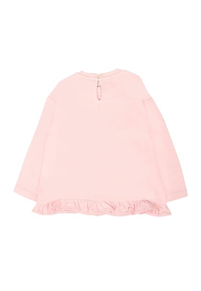 Top a maniche lunghe rosa chiaro con chiusura a chiave sul retro e orlo arricciato. Tessuto morbido, vestibilità rilassata e design semplice.