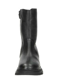 Zwarte leren enkellaars met een gestructureerde afwerking, rechte schacht en een zijrits. Voorzien van een duurzame rubberen loopzool en een ronde neus.