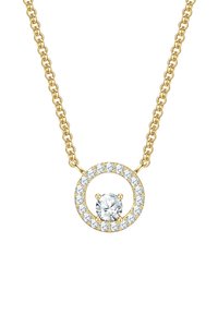 Collier en or avec un pendentif circulaire, orné d'une pierre précieuse transparente centrale entourée de plus petites pierres transparentes.