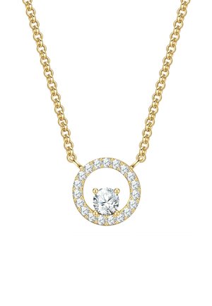 Collana in oro con pendente circolare, caratterizzato da una pietra preziosa centrale trasparente circondata da piccole pietre trasparenti.