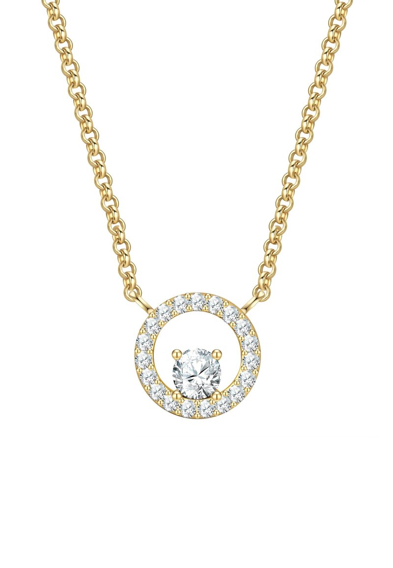 Złoty naszyjnik z łańcuchem z okrągłym wisiorkiem, w którym znajduje się centralny przejrzysty kamień otoczony mniejszymi przezroczystymi kamieniami.