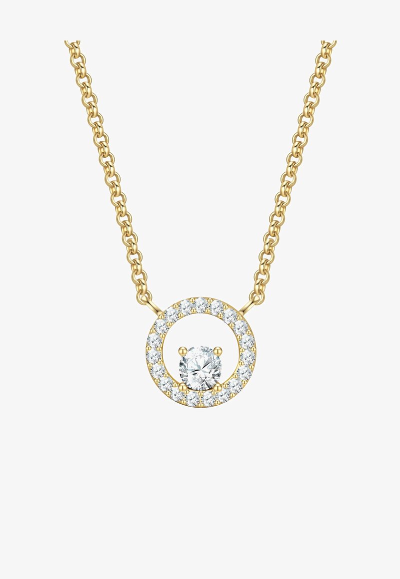 Gold chain necklace featuring a circular pendant with a central clear gemstone surrounded by smaller clear stones.