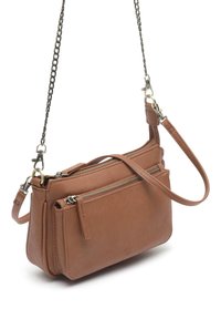 Brown leather crossbody bag with chain and strap, featuring multiple zippered compartments and a smooth texture.