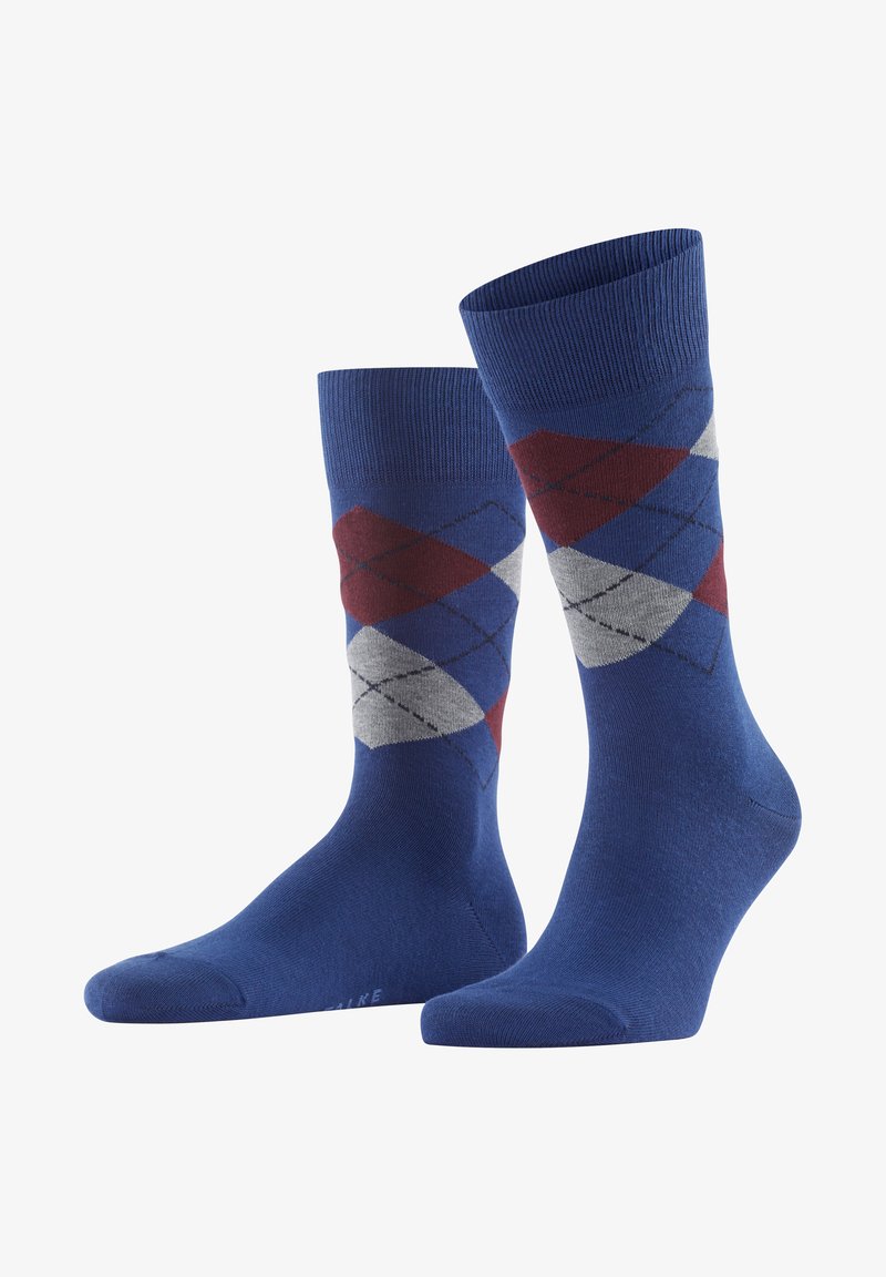 Calcetines azules con un diseño de rombos en tonos marrón, gris y azul claro. Fabricados con una tela suave y elástica, con puños acanalados.
