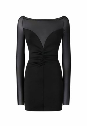 Vestido negro con mangas largas de organza y escote tipo barco. Presenta detalles fruncidos en la cintura. Hecho de un material suave y elástico.