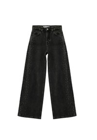 Sorte bukser med bred benvidde lavet af denim, med slidte kanter og sølvnitter langs sidesømmen. Højtaljet design.
