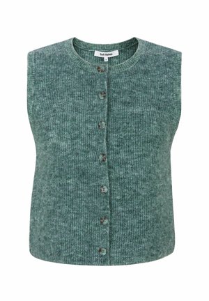 Rohelisest kootud vest ilma varrukateta, ümar kaelus ja seitse esimest nuppu. Tekstuuriga kangas peene „heather“ mustriga.