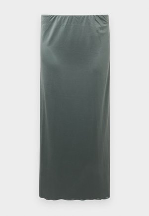 Grijze, enkellange rok van gladde stof met een elastische tailleband en een licht uitlopende zoom. Eenvoudig ontwerp, zonder zichtbare patronen.