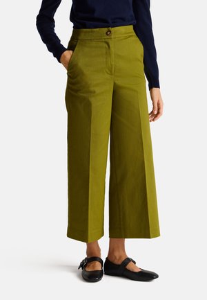 Pantalones de pierna ancha color verde oliva con cintura alta, bolsillos delanteros y un solo botón marrón. Combinados con zapatos planos negros.