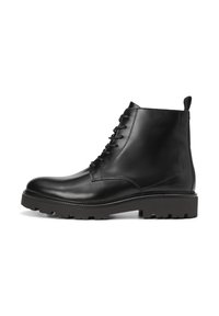 Black leather ankle boots with a smooth surface, lace-up front, and rugged sole. Features a pull tab at the back and minimal design details.