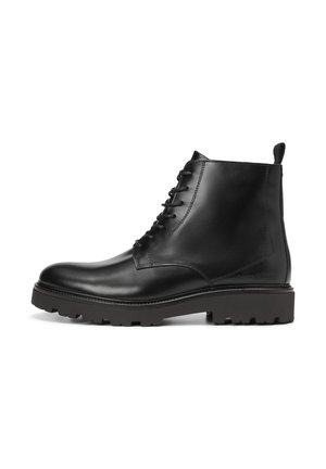 Black leather ankle boots with a smooth surface, lace-up front, and rugged sole. Features a pull tab at the back and minimal design details.