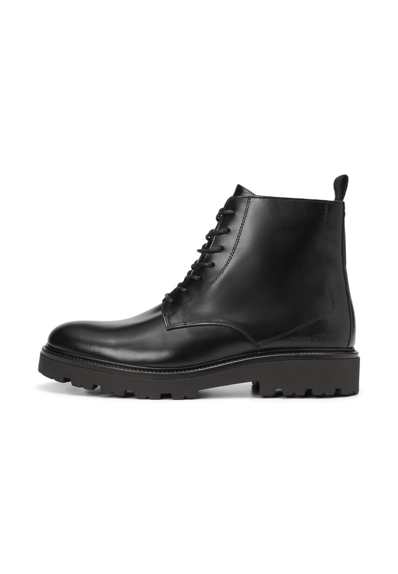Black leather ankle boots with a smooth surface, lace-up front, and rugged sole. Features a pull tab at the back and minimal design details.
