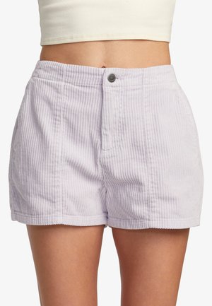 Light purple corduroy shorts with front pockets, a flat waistband, and a metal button closure. Vertical ribbed texture throughout.