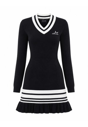 Vestito nero a maniche lunghe con scollo a V a righe bianche, righe bianche e nere vicino all'orlo, bordo inferiore arricciato e piccolo logo Marc Ellis sul petto.