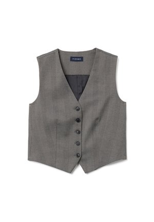 Gray houndstooth vest with a deep V-neck, six black buttons, and no sleeves. Features a smooth inner lining and tailored fit.