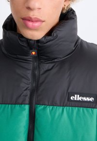 Chaqueta acolchada negra y verde con cuello alto, cierre de cremallera y un parche con el logo de ellesse en el frente. Textura suave y brillante.