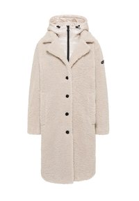 Beige, fluffy lange jas met een gestructureerde buitenkant, knoopsluiting, zijzakken en een afneembare gewatteerde capuchon met trekkoorden.