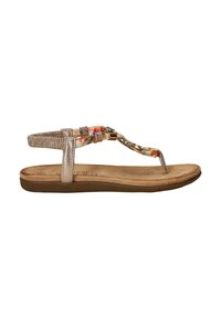 Sandales en bronze à lanières avec des bretelles à motif floral, semelle plate couleur marron clair et accents métalliques. Conçues pour le confort et le port décontracté.