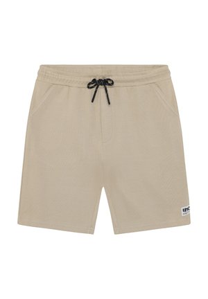 Beige Sportshorts aus strukturiertem Stoff, mit elastischem Bund und schwarzem Kordelzug; verfügt über Seitentaschen und ein kleines Logoakzent.