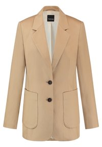 Veste beige avec un col à revers cranté, deux grandes poches plaquées et deux boutons noirs. Tissu lisse avec une coupe ajustée et des lignes épurées.