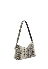 Borsa in stampa pitone nera e bianca con texture, dotata di una sola tracolla nera e di una forma strutturata e affusolata. Caratterizzata da una chiusura con cerniera.