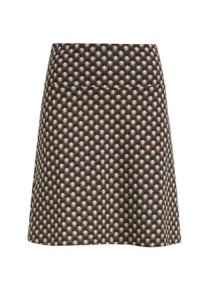 Bruine rok met patroon, voorzien van een geometrisch ontwerp in turquoise en roodtinten, met een nauwsluitende taille en een gladde textuur.