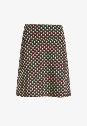 Brown patterned skirt featuring a geometric design in turquoise and red tones, with a fitted waist and smooth texture.