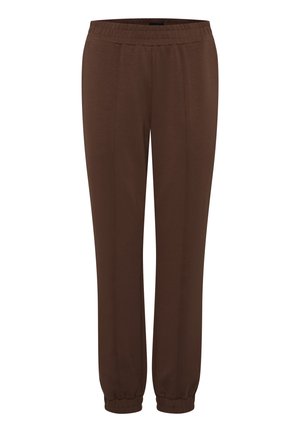 Bruine, taps toelopende sweatpants gemaakt van een zachte stof, met een elastische tailleband en gebundelde enkels; gladde textuur zonder zichtbare patronen.