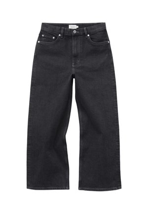Jean noir taille haute à jambes larges, avec bouton et fermeture éclair devant, passants pour ceinture et design cinq poches.