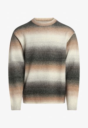 Sweter dzianinowy z okrągłym dekoltem, prążkowanymi mankietami i gradientowym wzorem w odcieniach kremowym, beżowym i szarym. Miękka faktura i luźny krój.