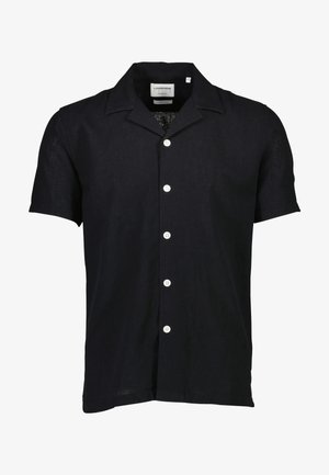 Korte mouwen zwart linnen overhemd met een puntige kraag, voorzien van witte knopen langs de voorkant en een relaxte pasvorm. Geen zichtbare patronen.