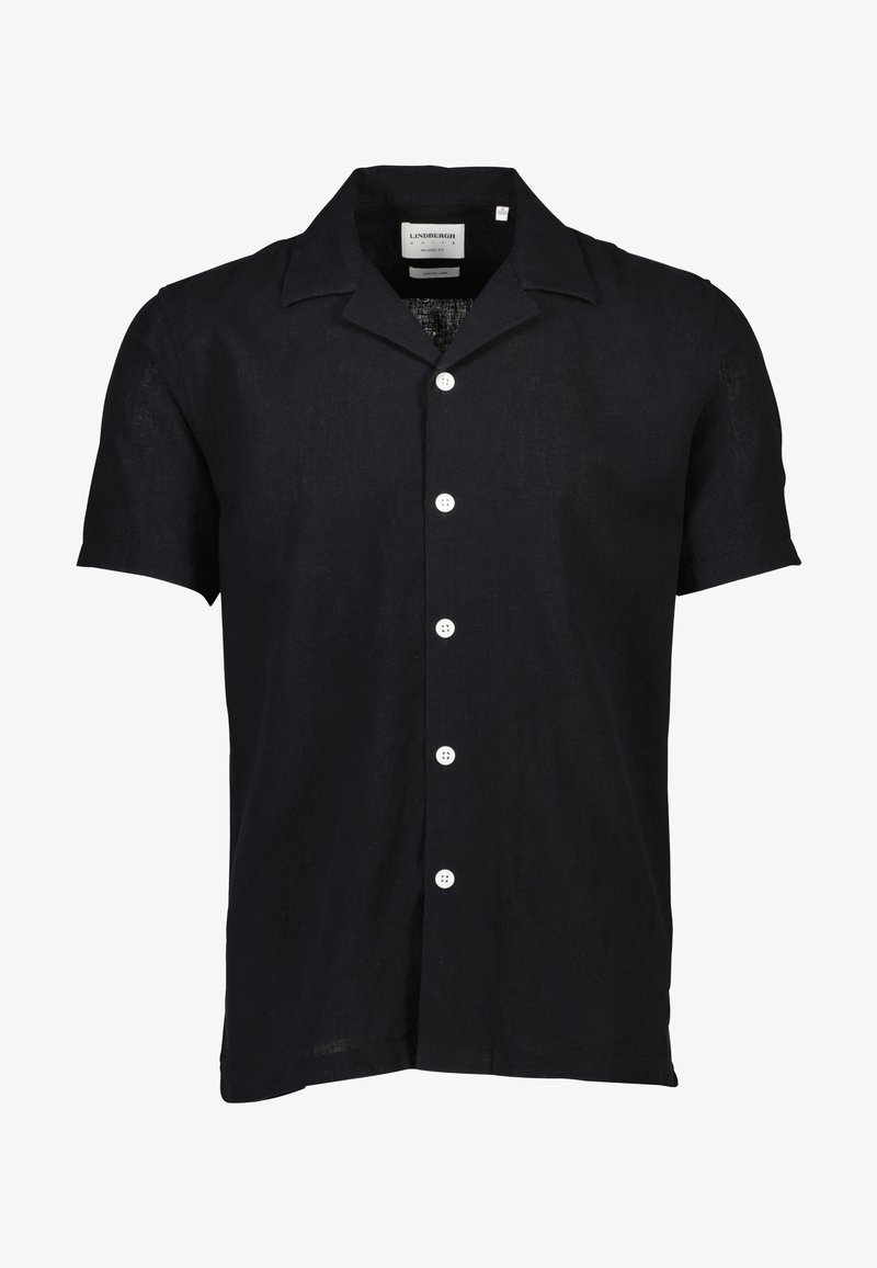 Camicia nera in lino a maniche corte con colletto appuntito, caratterizzata da bottoni bianchi lungo la parte anteriore e una vestibilità comoda. Senza motivi visibili.