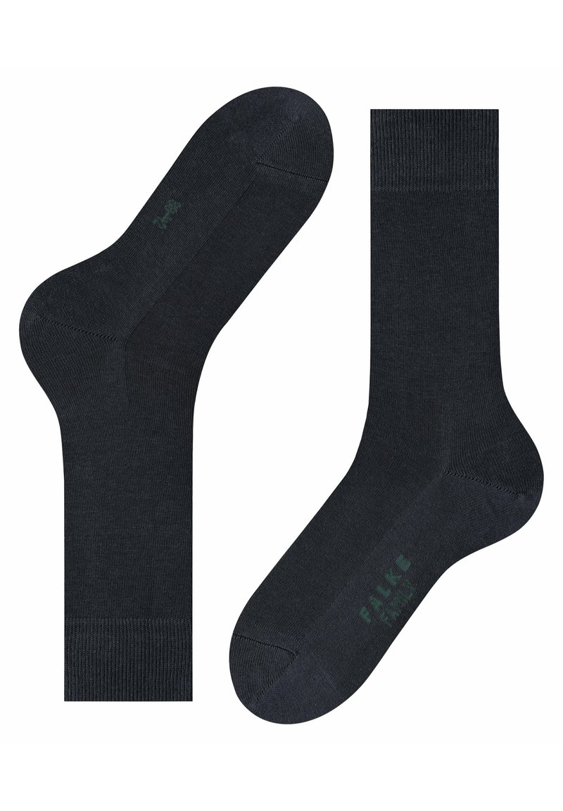 Marineblaue Socken aus einer weichen Baumwollmischung, mit glatter Textur, verstärktem Zehenbereich und dezentem Logo in Grün auf der Sohle.