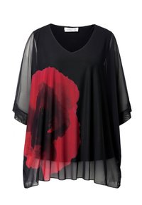 Czarna przezroczysta bluzka z dekoltem w kształcie litery V, z dużym czerwonym kwiatowym nadrukiem. Luźny krój z marszczonymi rękawami i subtelną fakturą.