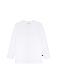Biała koszula z długim rękawem i dekoltem w serek, wykonana z gładkiego materiału. Posiada dopasowany krój oraz małą metkę z logo marki na dole.