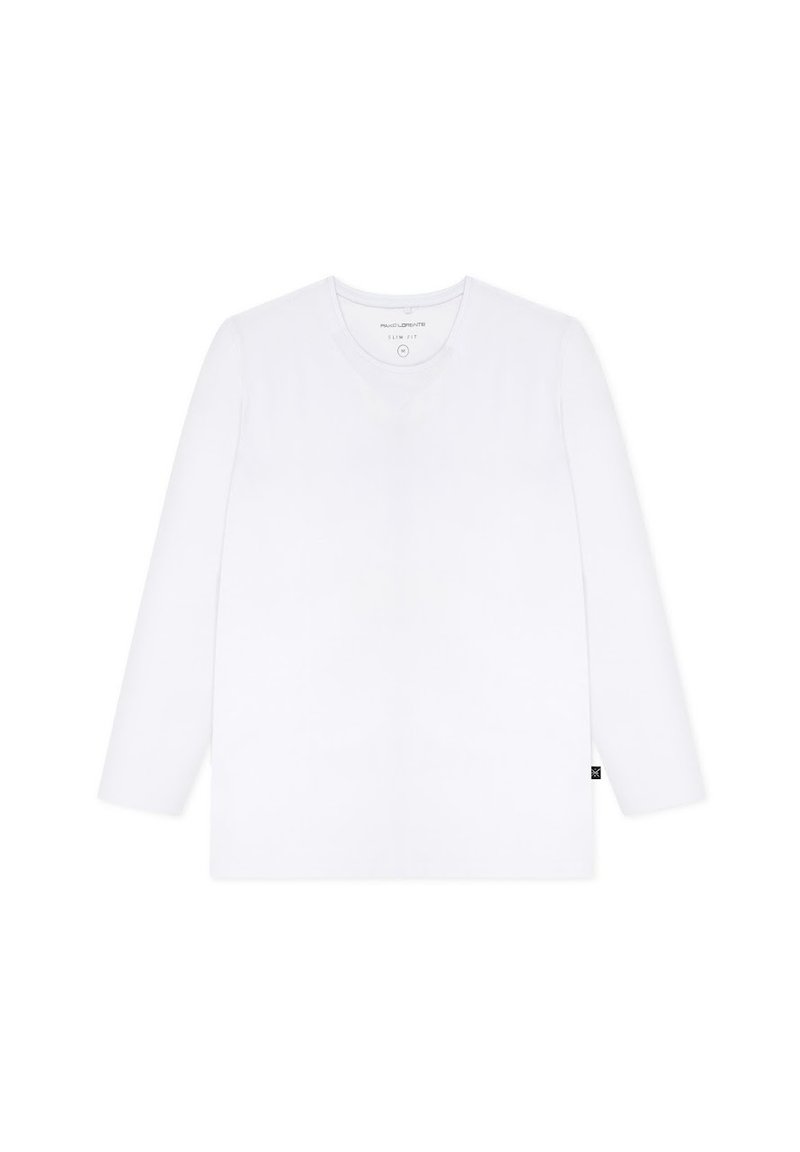 Biała koszula z długim rękawem i dekoltem w serek, wykonana z gładkiego materiału. Posiada dopasowany krój oraz małą metkę z logo marki na dole.