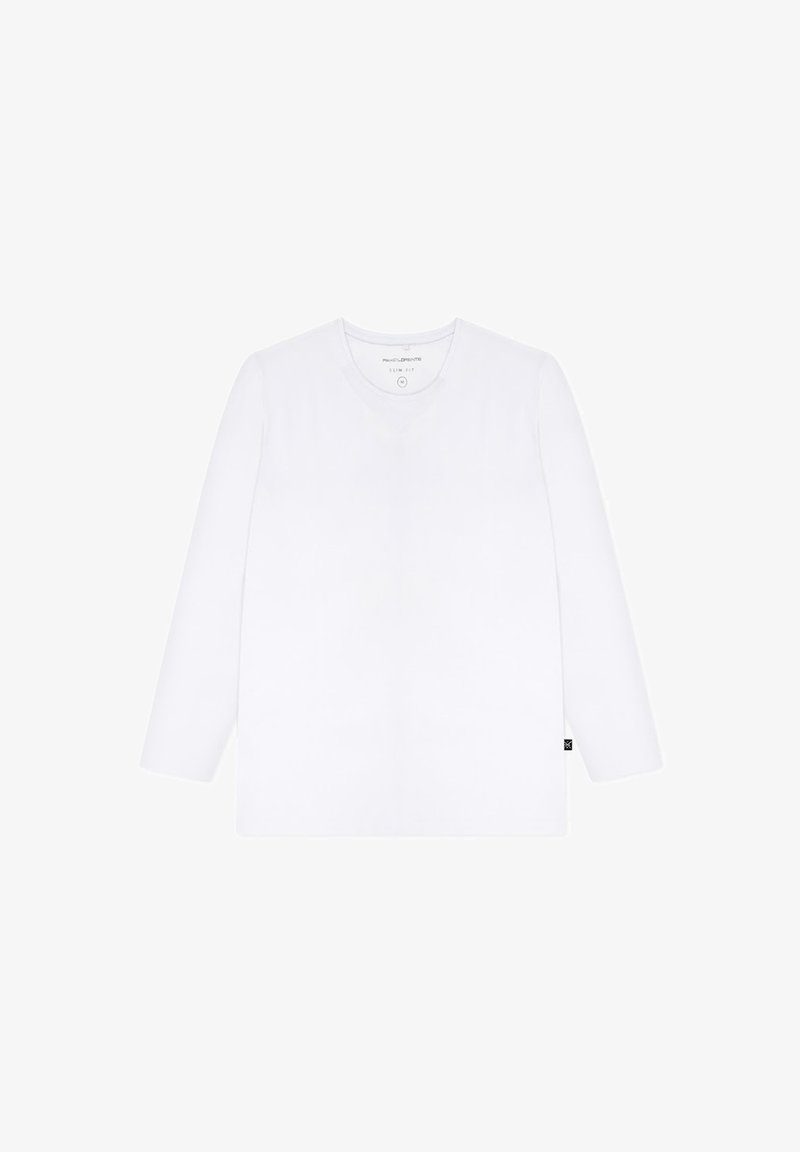 Biała koszula z długim rękawem i dekoltem w serek, wykonana z gładkiego materiału. Posiada dopasowany krój oraz małą metkę z logo marki na dole.