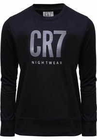 Zwarte longsleeve sweatshirt van zacht materiaal, met een groot zilveren "CR7"-logo en de tekst "NIGHTWEAR" in vette letters over de borst.