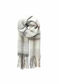 Écharpe tissée douce en gris et blanc à carreaux avec des bords à franges, mettant en avant une texture légère et un design confortable.