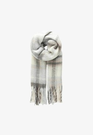 Miękki, tkany szalik w szaro-białą kratkę z frędzlami, prezentujący lekką teksturę i przytulny design.