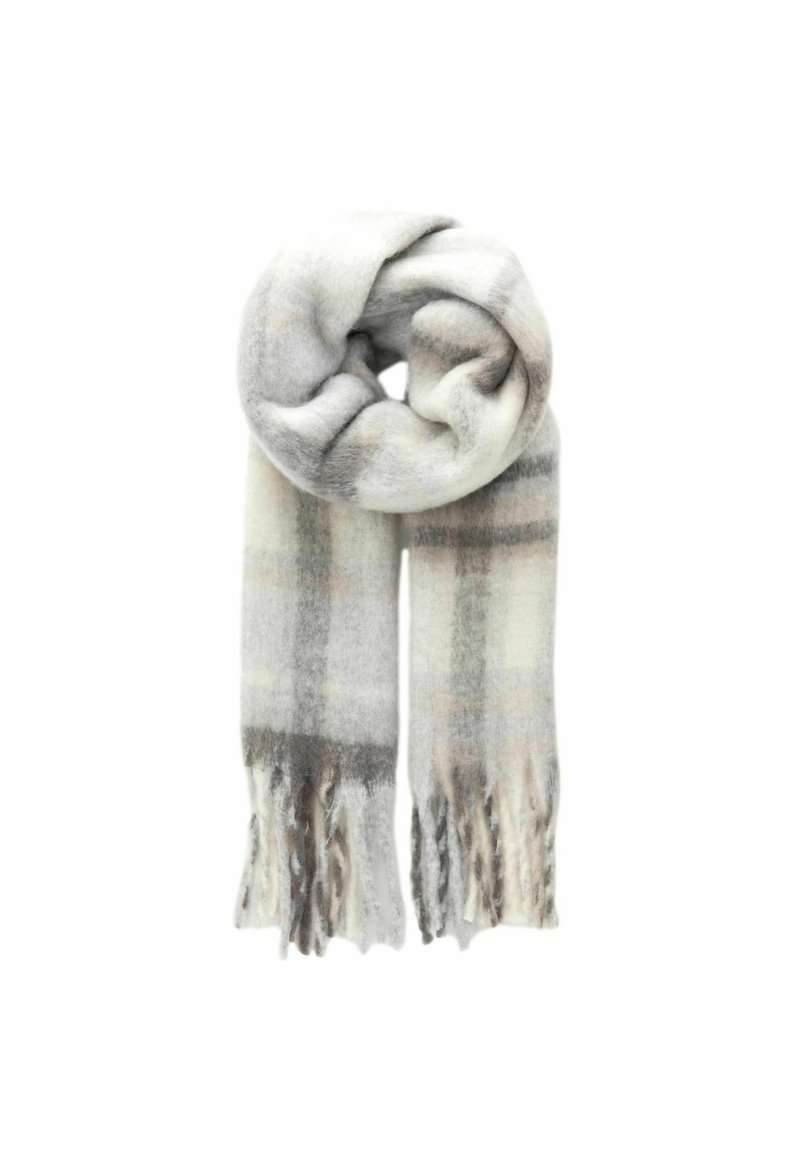 Écharpe tissée douce en gris et blanc à carreaux avec des bords à franges, mettant en avant une texture légère et un design confortable.