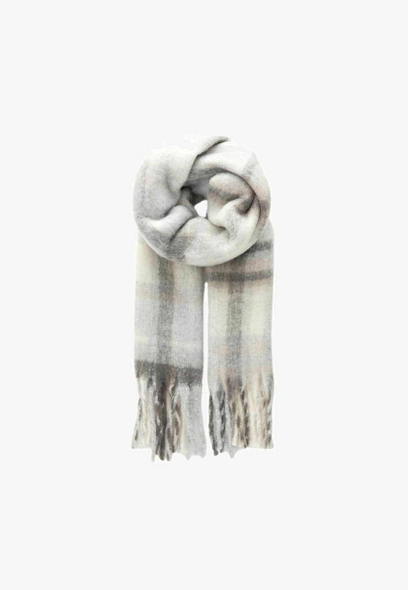 Écharpe tissée douce en gris et blanc à carreaux avec des bords à franges, mettant en avant une texture légère et un design confortable.