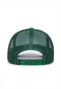 Gorra snapback de malla verde con una forma estructurada, que presenta un visor verde sólido y una correa ajustable de plástico en la parte trasera.
