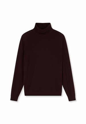 Dunkelbrauner Rollkragenpullover mit langen Ärmeln und geripptem Kragen, Bündchen und Saum, flach auf weißem Hintergrund ausgelegt.